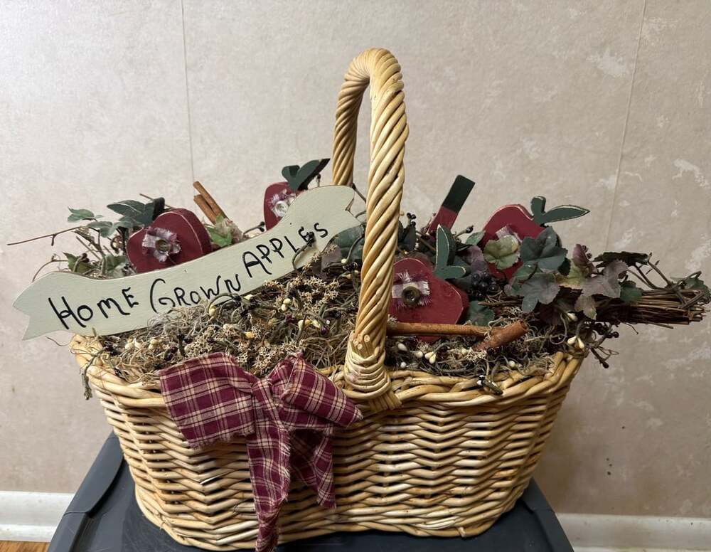 Home Grown Apples Wicker Basket Decor with Wooden Apples 14x10 Rustic